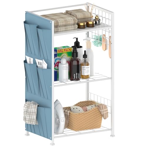 Bathroom Storage Unit with Side Storage Bag and Hooks, 3 Tier Freestanding Bathroom Organiser, Small Laundry Room Shelf for Bottles, Brushes, White Shelving Unit for Laundry, Kitchen, Living Room
