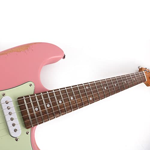 Fojill Light Relic Vintage Aged Full Size Pink Electric Guitar Solid Mahogany Body Roasted Canadian Maple Neck Genuine Rosewood Fretboard Bone Nut With Gig Bag (Pink) #TOP5