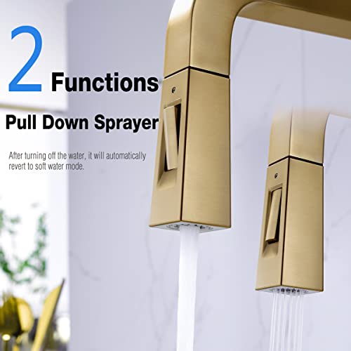 Brushed Gold Kitchen Faucet Single Hole Brass Bar Sink Faucet with Pull Down Sprayer, Square Shaped