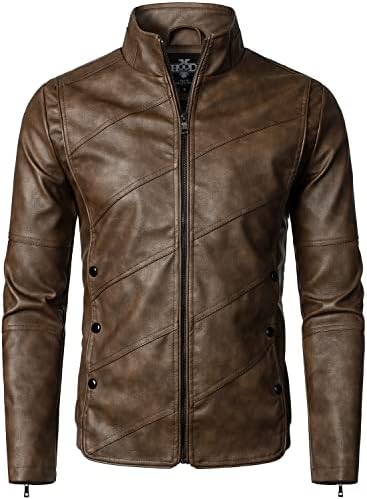 HOOD CREW Mens Faux Leather Jacket Lightweight Fashion Motorcycle Leather Jackets Coat Brown L