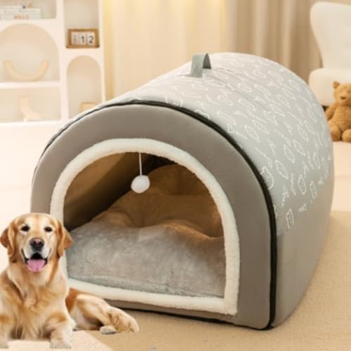 olkljdgペットハウス ドーム型 洗える|犬ハウス・猫ハウス兼用 犬ベッド・猫ベッド付き|小中大型犬/猫向け 室内用 折りたたみ滑り止め|冬用寒さ対策・夏用通年使用可 ふわふわクッション おしゃれ可愛いカーキ色 (XL,グレー)