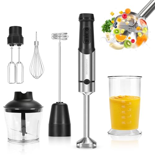 Batidora de Mano 1200W - 12 Velocidades + Turbo | Para Sopas, Purés (Bebés), Salsas y Batidos | Incluye Vaso Medidor 800ml, Picadora 600ml y Espumador de Leche | Acero Inoxidable | Fácil de Limpiar