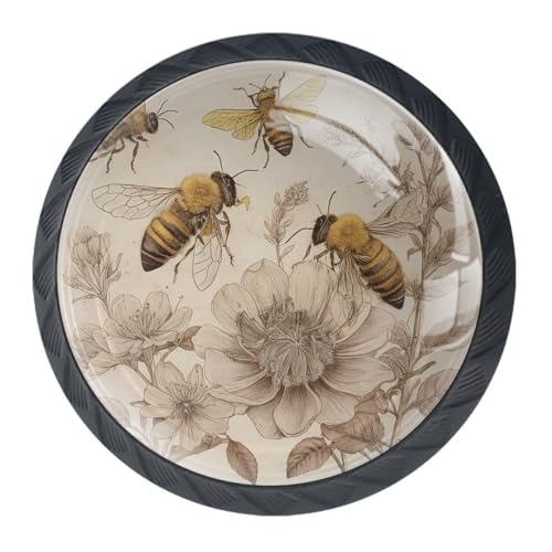 4 Pack Bee Flower Cabinet Knobs, 1.37 Inch Round Drawer Pulls for Kitchen Cabinet Hardware Dressers Knobs and Closets
