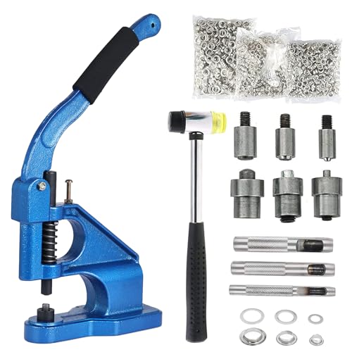 FreeTec Maquina de Ojales, Prensa de Ojales Metalicos con Perforadora y Martillo, 6/10/12mm Manual Máquina de Ojales con 3 Matrices 1500 Ojales Plateado para Lonas Cuero Telas Cortinas Bolsos