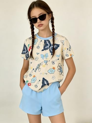 Image of Girls Clothes 2PCS Butterfly Print Short Sleeve T-Shirt + Shorts Set Teen Tween Girls Summer Outfits Set