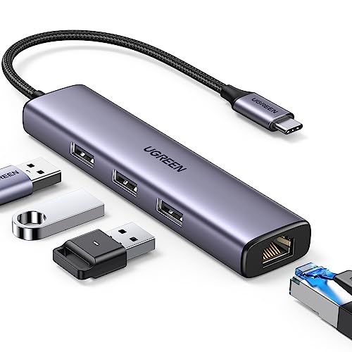 UGREEN USB C RJ45 Ethernet Adapter 1000Mbps med 3 USB 3.0 Portar USB Hub Kompatibel med MacBook Pro iPad Pro Surface Pro 7 XPS etc.