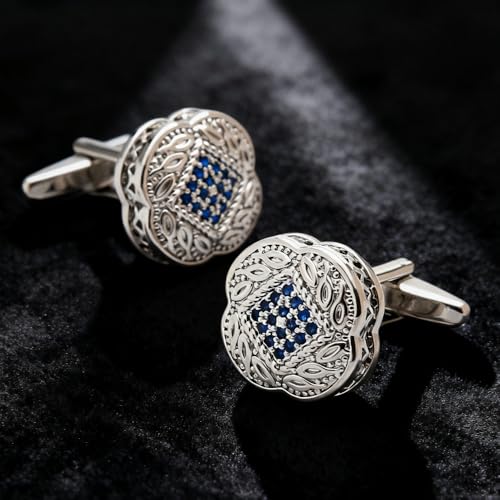Set de Mancuernillas para Hombre Plateadas con Circonia Azul miniatura 2