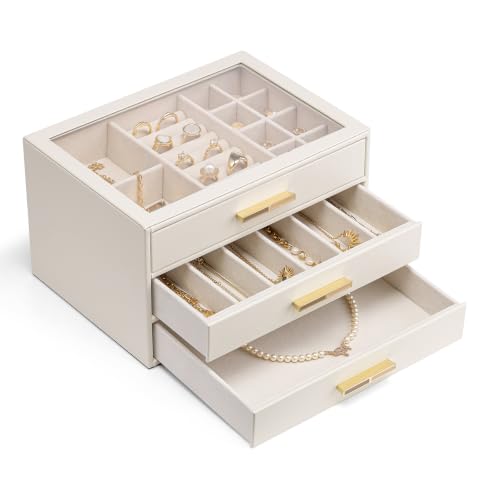Vlando 3-Drawer Jewelry Box Organizer with Glass Lid, Beige