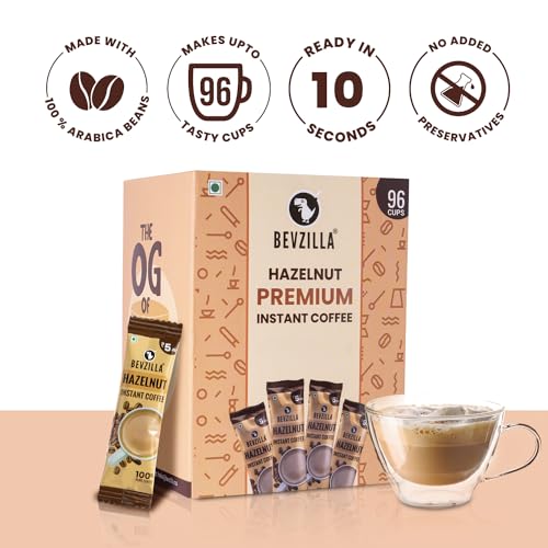 Image of Bevzilla 96 Instant Coffee Powder Sachets (Hazelnut) -192 Grams |Arabica Coffee| Easy To Carry|Best For Espresso, Latte, Cappuccino| Enjoy Hot & Cold (Pack of 3)