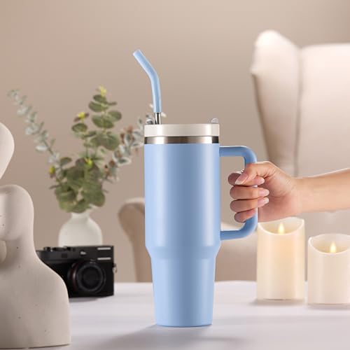 Image of KooK Stainless Steel Tumbler, with Straw and Handle, Leakproof, Vacuum Insulated Travel Coffee Mug, Reusable Double Walled Water Bottle, Keeps Hot or Cold, 40 oz, Sky Blue