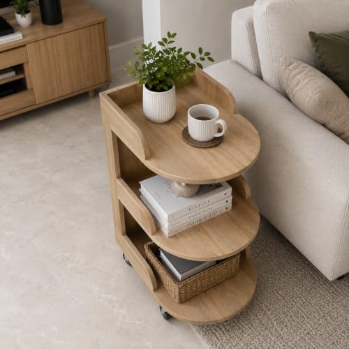 Image of The Attic Solid Wood Rolling Serving Trolley with Storage Shelves, Natural Finish