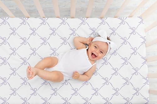 Image of Sweet Jojo Designs Fitted Baby Crib Sheets (Purple Bows) for Girls, Infant Nursery, Toddler Room - Standard Size (White and Lavender Bow for Shabby Chic, Ballet, Dancer, Ballerina Princess Collection)