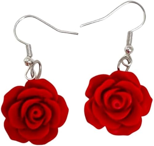Red Rose 3D Flower Drop Earrings -CZ Sparkling Crystal Rhinestone Fashion Declar