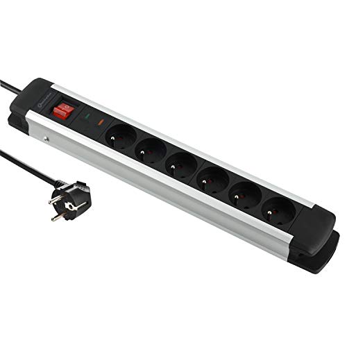 Electraline 35436 Alu-Line Bloc Multiprise 6 Prises avec Corps en Aluminium et Protection Contre Les surtensions, 2M, Noir