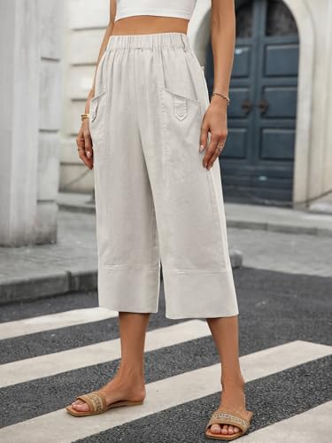 Women's Pure Linen Cropped Pants Capri Straight Wide Leg Pants 100% Linen Trousers with 4 Pockets2