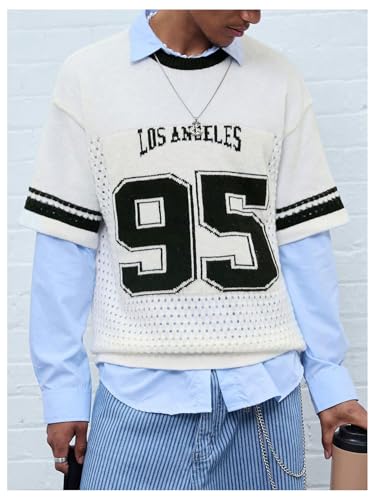 WDIRARA Men's Number Letter Graphic Sweater Crewneck Half Sleeve Pullovers Knit Top3