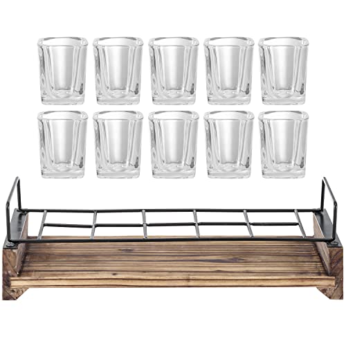 Mygift Clear Shot Glasses Set With Rustic Burnt Wood Solid Tray With Industrial Black Metal Frame And 10 Square Shaped Shot Glasses #TOP3