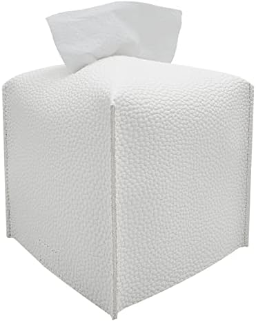 Tissue Box Cover, Langsum Modern Square Tissue Box Organizer, Decorative PU Leather Facial Paper Holder for Bathroom Vanity Countertop, Night Stand, Bedroom Dresser, Office Desk, Car (White)