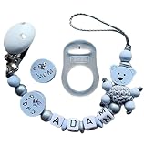 Wunderschöne Schnullerkette Mit Namen In Pastellblau.Imom&Dad Süsser Teddy personalisierte Baby Geschenk