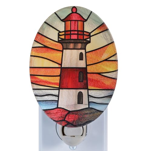 Image of Lighthouse Stained Glass Styled Night Light Plug in - Made with Real Glass, Bulb Included, On /Off Switch - Nautical Beach Theme Bathroom, or Beach House Accent Light Dusk Orange