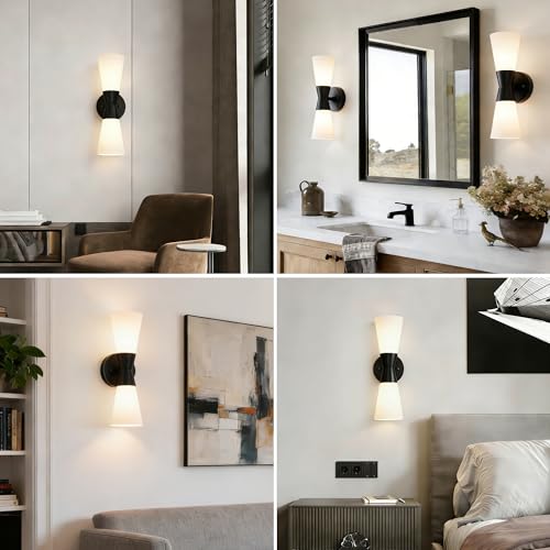 Image of Wall Sconces Set of 2 for Bathroom, Modern Indoor Vanity Light Fixtures 15 inch, Up Down Lighting, Wall Mount Lamp for Living Room Bedroom Hallway Stairway Fireplace Mirror E26 Base 2PC White&Black