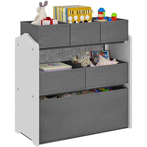 Lestarain 3-Tier Children Storage Unit, Toy Organiser with 6 Removable Boxes, White MDF Frame with Grey Non-Woven Toy Chests for Nursery, Children’s Room, 63x30x60cm Cover