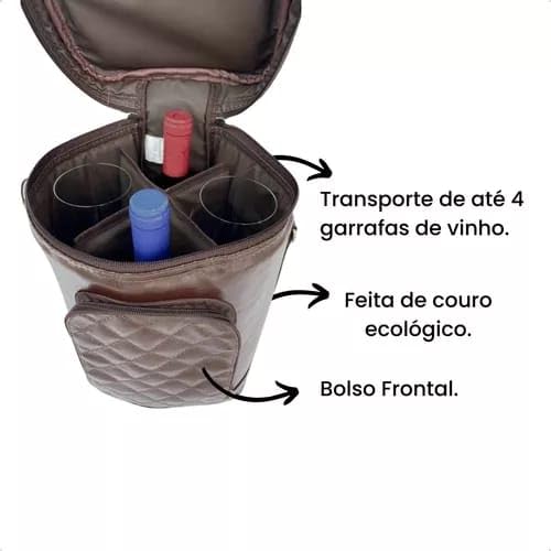 Bolsa Térmica para Vinho 4 Garrafas - Couro Ecológico (Marrom)