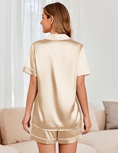 Image of Ekouaer Womens Satin Silk 2 Piece Pajamas Set Short Sleeve Sleepwear | Button Down Top and Shorts Loungewear Set for Sleep, Home, Wedding, Travel, Party, Daily Wear & Great for Sharing