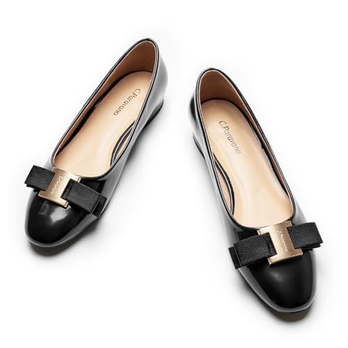 C.Paravano Women's Ballet Flats with Round Toe | Bow & Metallic Buckle | Soft Leather Slip-Ons for Work Commute, Office & Date Nights | Dress Shoes for All-Day Wear(7,Black)