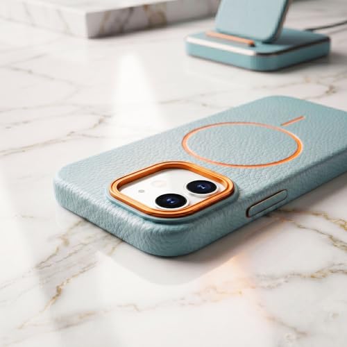Image of amazon basics Luxury MagSafe Compatible Leather Texture Back Cover for iPhone 12 | Raised Camera Protection | Slim Fit Shockproof Case with Metallic Accents (Light Blue)
