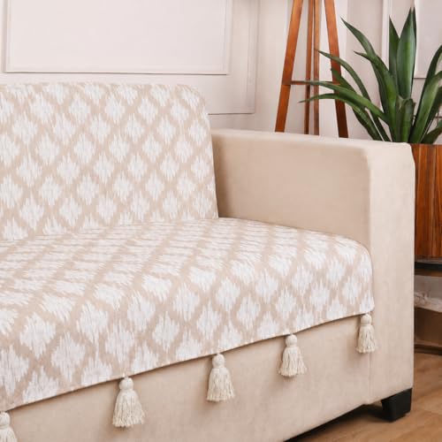Image of STITCHNEST 'Verdant Ikat Stories' 2 Seater Sofa Cover - Full Coverage| Elegant Jacquard Fabric, Decorative Tassels, Washable & Durable for Modern Living