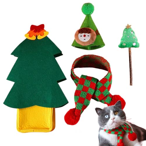 帽子とスカーフ付きの猫のクリスマスコスチュームの衣装|屋内猫と子猫のためのかわいいペットのホリデーコスチュームセット|パーティー、ギフトボックス、クリスマスツリーの写真小道具のためのお祝いの猫クリスマス装飾服