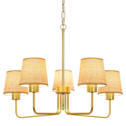 Gold Chandelier Lighting Living Room,5 Lights Metal Pendant Light Fixtures with Handmade Rattan Shade,Farmhouse Chandeliers Ceiling Light for Kitchen Island Dining Room Bedroom Hall,Height Adjustment