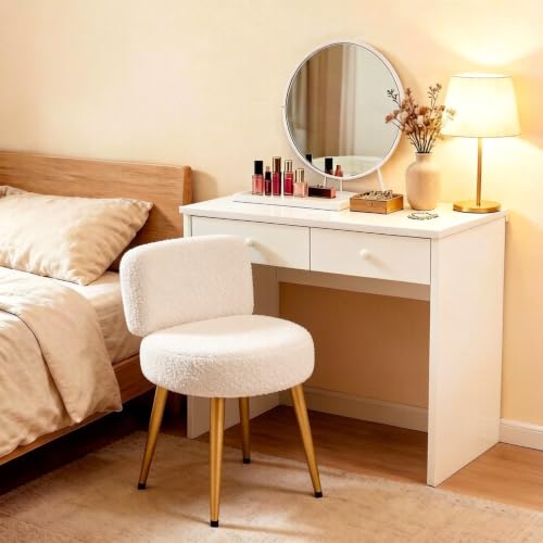 Warmiehomy Dressing Table Stool Teddy Velvet Dressing Table Chair With Gold Metal Legs Comfy Make Up Vanity Chair for Bedroom Living Room Hallway White