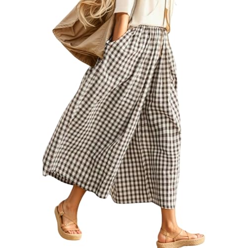 Womens Wide Leg Capri Pants Elastic Waist Plaid Gingham Palazzo Trousers Loose Fit Cotton Pants with Pockets