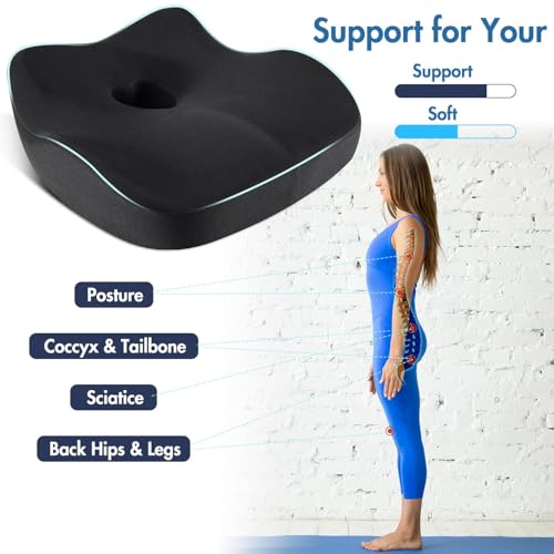 Car Seat Cushion, Ergonomic Memory Foam Car Seat Pad for Sciatica Pain Relief, Larger Driving Seat Cushion for Car Short Drivers on Long Drives - Butt Cushion for Car,Truck, Office - Black