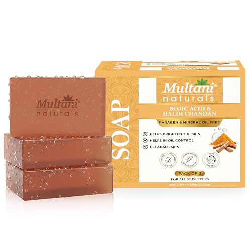 Image of Multani Natural Kojic Acid 1% and Haldi Chandan Soap - 125 gm (Pack Of 3) | Helps In Skin Brightening | For Pigmentatio & Sun Damage | Paraben Free | Clinically Tested | For All Skin Types | Soap Bar For Men & Women