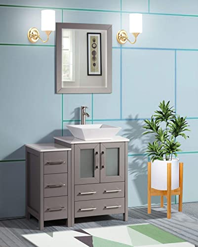 Vanity Art 36 Inch Single Sink Bathroom Vanity Compact Set 1 Shelf 5 Dove-Tailed Drawers Quartz Top And Ceramic Vessel Sink Bathroom Cabinet With Free Mirror Va3124-36-G #TOP2