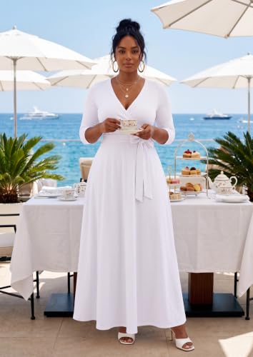 Image of FANDEE Plus Size Maxi Dress for Women Casual Summer Sundress V-Neck 3 /4 Sleeve