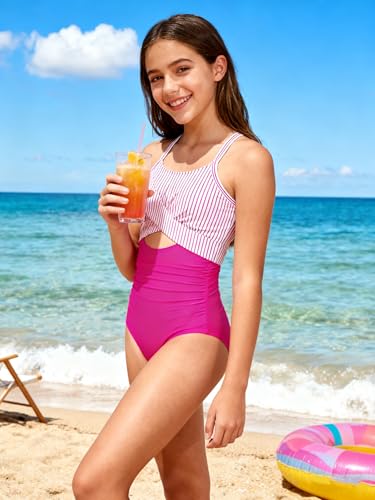 Image of Girl Swimsuit One Piece Cutout Ruched Bathing Suit for Girls Color Block Adjustable Straps Pad Swimwear 9-18y
