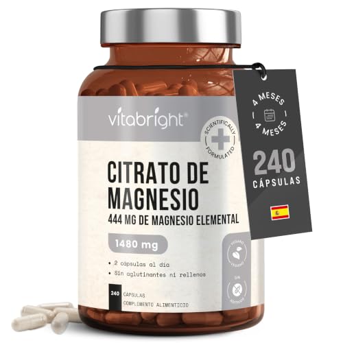 Citrato de Magnesio en Cápsulas | 444 mg de Magnesio Elemental | 240 Cápsulas | Forma de Fácil Absorción | Alta Dosis | Músculos, Deporte, Nervios, Energía | Complemento Vegano | VitaBright