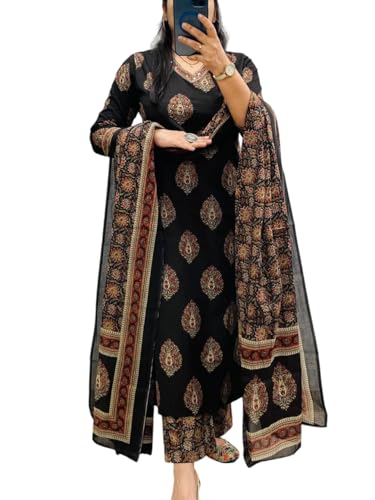 Image of Rangnavi Women's Cotton Trending Straight Kurta with Pants and Dupatta Set | Ethnic Set (BLACK)