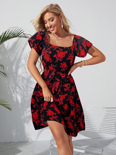 Image of Off Shoulder Ruffle Dress for Women, A-Line Mini Dress with Belt, Fitted Bust Summer Wedding Guest Dress