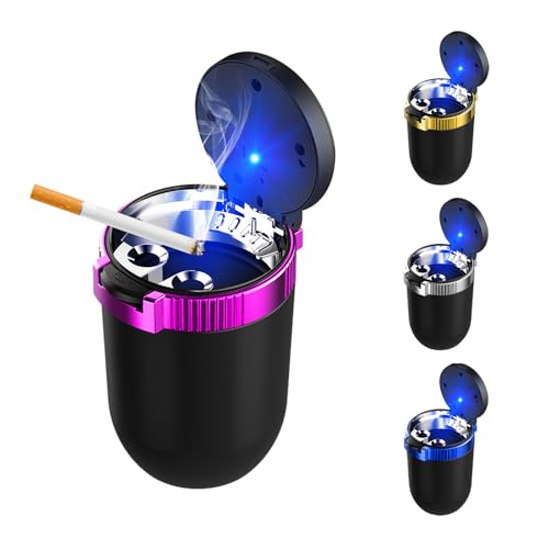 Image of Car Ashtray with Lid, Detachable Smokeless Auto Cup Holder Ashtray with LED Blue Light, Stainless Steel Ash Tray Portable Mini Vehicle Trash Can for Car Home Outdoor (Purple)