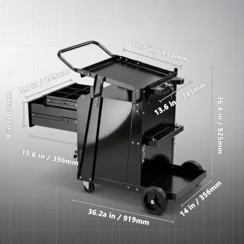 Image of Welding Cart, 2-Tier Heavy Duty Welder Cart with 2 Drawers & Lockable Cabinet, 350LBS Load Capacity, Dual Cylinder Slots & Safety Chains, 360 Swivel Wheels for MIG Welder & Plasma Cutter
