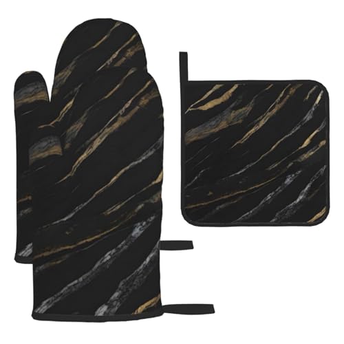 YYHWHJDE Kitchen Baking Set of 3 - Insulated Gloves and Pot Lid Pad for Oven and Grilling Black Gold Textured Marble Pattern
