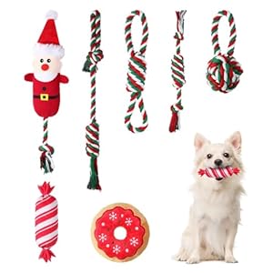 7 Pieces Christmas Dog Toys Set Christmas Plush Dog Squeaky Toys Durable Interactive Rope Stuffed Dog Toys for Teething Santa Candy Puppy Toys with Cotton Dog Chew Toys Gift for Medium and Small Dogs