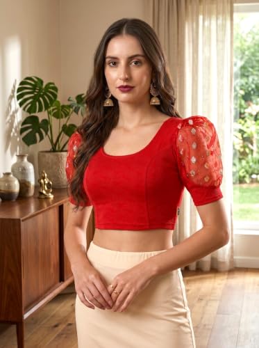 Image of SFT Women's Cotton Lycra Blend Readymade Saree Blouse with Round Neck Half Sleeves Solid Pattern Knit Weave Regular Fit and Pull On Closure