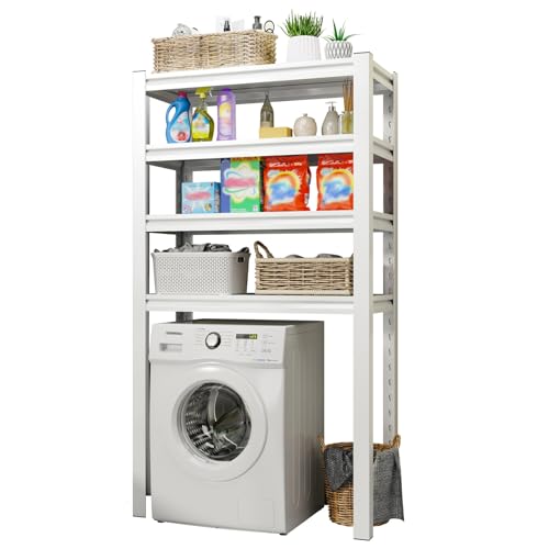 Beauenty 4-Tier Over Washing Machine Rack Over Flip-top & Drum Washing Machine Dryer Storage Shelf Adjustable Shelving Units Space Saver Heavy Duty Balcony Organizer Rack (27.6*15.8*72) (White)