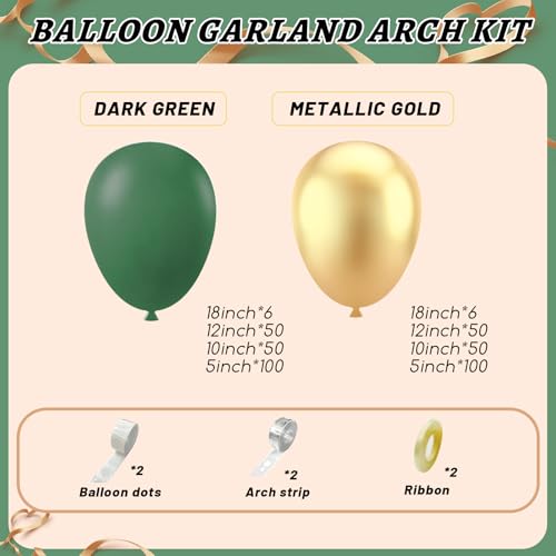 Image of 412Pcs Green and Gold Balloon Arch Kit, 18 12 10 5 Inch Different Size Latex Balloons Dark Green and Gold Party Balloons for Birthday Graduation Jungle Party Decorations
